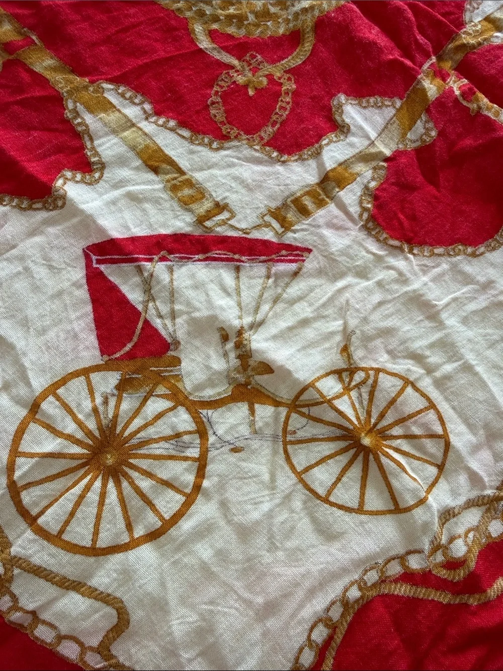 Red & Cream Vintage-Inspired Scarf with Gold Equestrian Motifs and scrolls